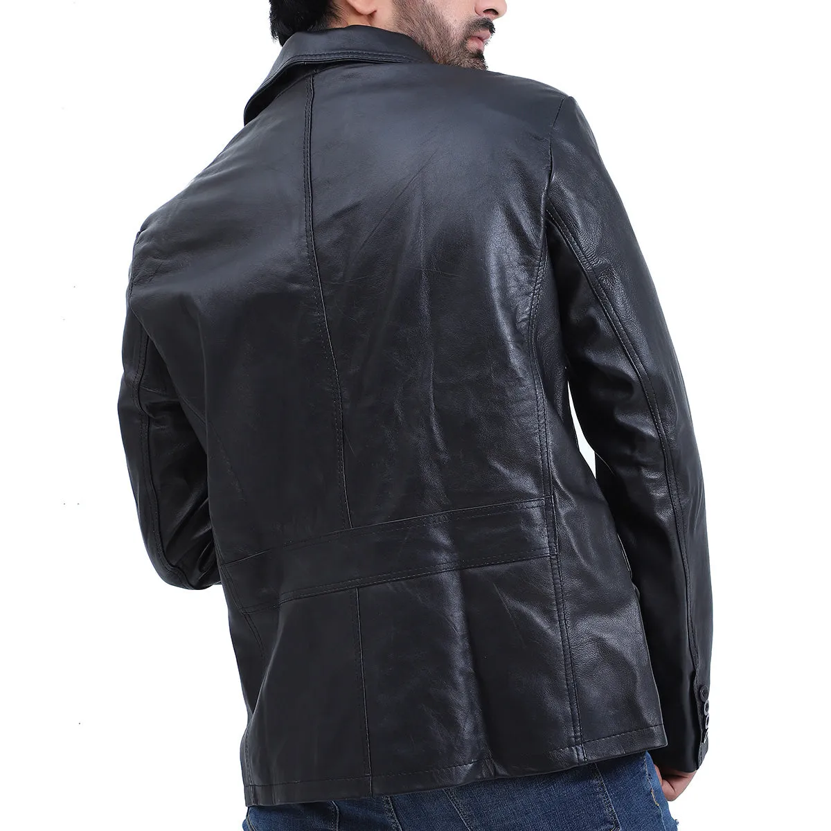 Men's 2 Button Black Leather Coat