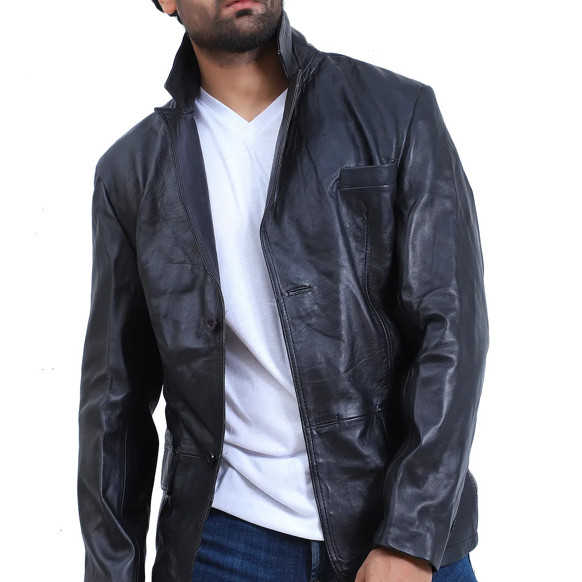 Men's 2 Button Black Leather Coat