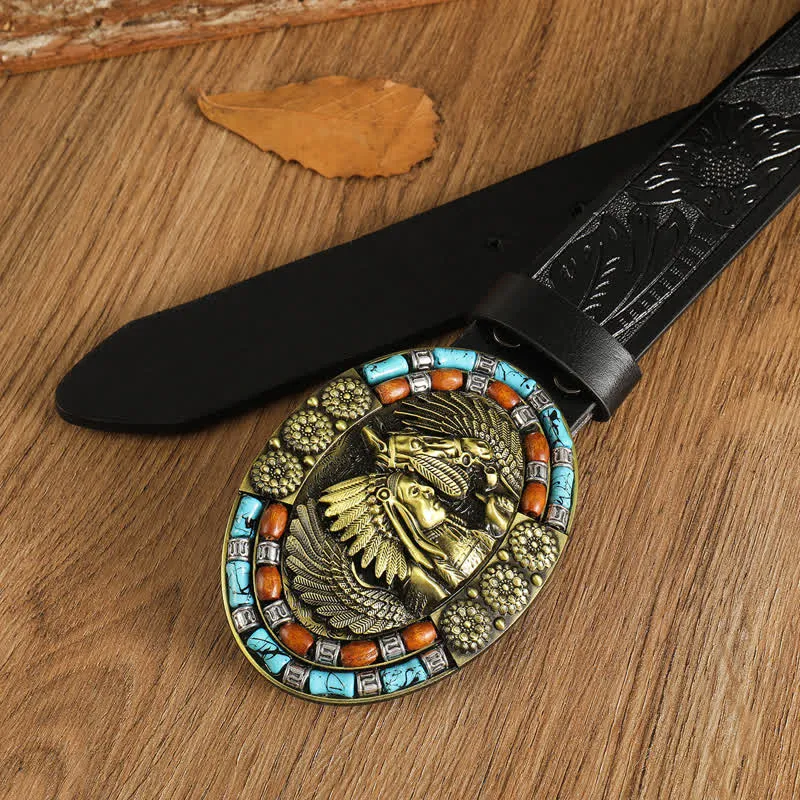 Men's Boho Indian Art Turquoise Leather Belt