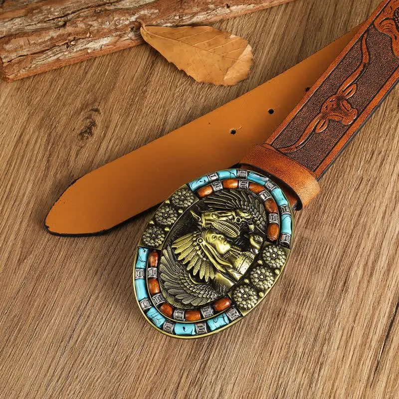 Men's Boho Indian Art Turquoise Leather Belt