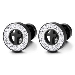 Mens Womens Black Steel Circle Cross Stud Earring CZ and White Enamel, Cheater Fake Ear Plug Gauges