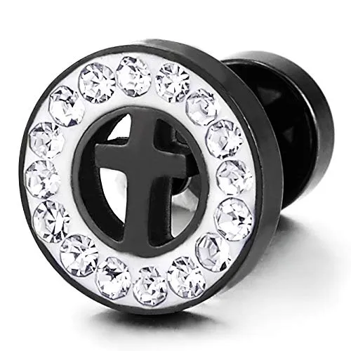 Mens Womens Black Steel Circle Cross Stud Earring CZ and White Enamel, Cheater Fake Ear Plug Gauges