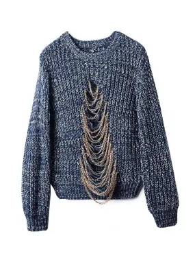 Metal Chain Loose Casual Pullovers Women Hollow Out Personality Knitted Tops Fall Winter Punk Pullover Cool Sweaters C-088