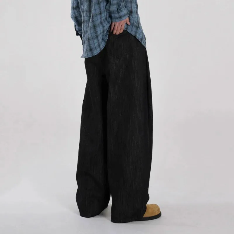 Minimalist Men's Denim Pants Casual Straight Wide Leg Loose Solid Color Male Jeans Loose Pockets Bottom Stylish 9C6611