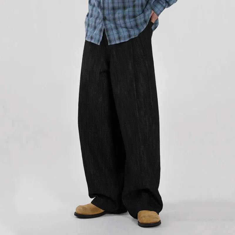 Minimalist Men's Denim Pants Casual Straight Wide Leg Loose Solid Color Male Jeans Loose Pockets Bottom Stylish 9C6611