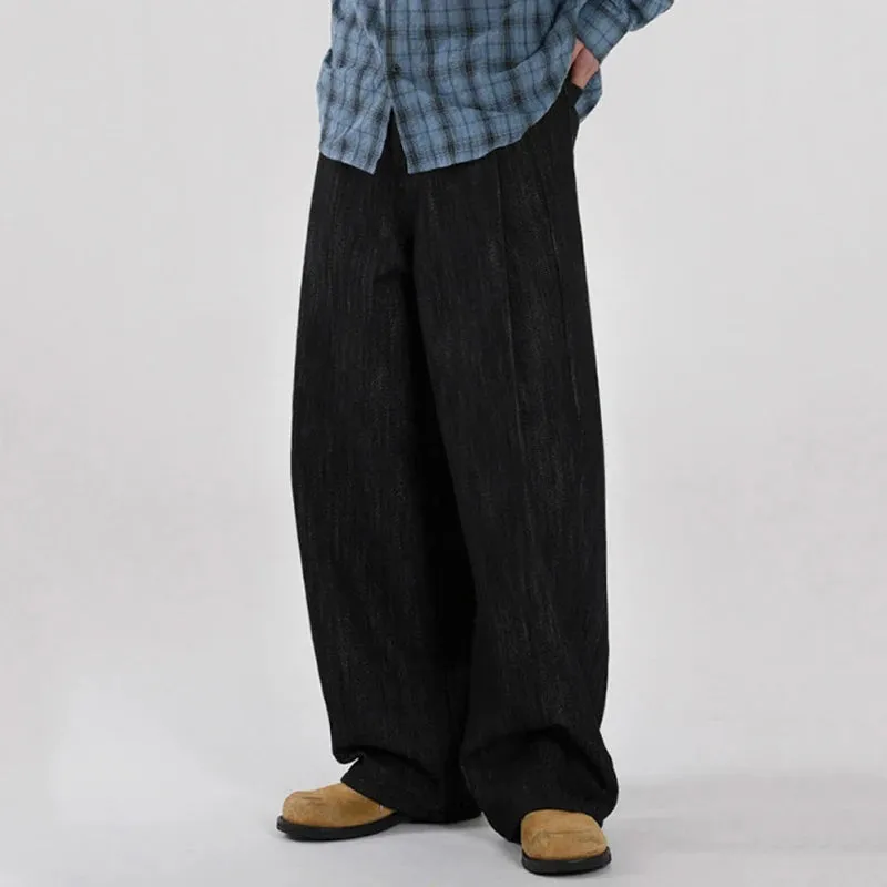 Minimalist Men's Denim Pants Casual Straight Wide Leg Loose Solid Color Male Jeans Loose Pockets Bottom Stylish 9C6611