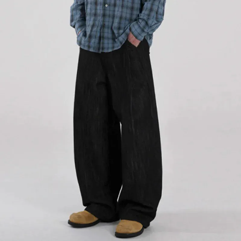 Minimalist Men's Denim Pants Casual Straight Wide Leg Loose Solid Color Male Jeans Loose Pockets Bottom Stylish 9C6611