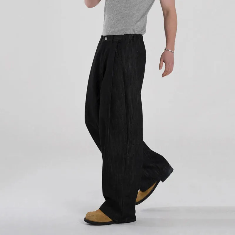 Minimalist Men's Denim Pants Casual Straight Wide Leg Loose Solid Color Male Jeans Loose Pockets Bottom Stylish 9C6611