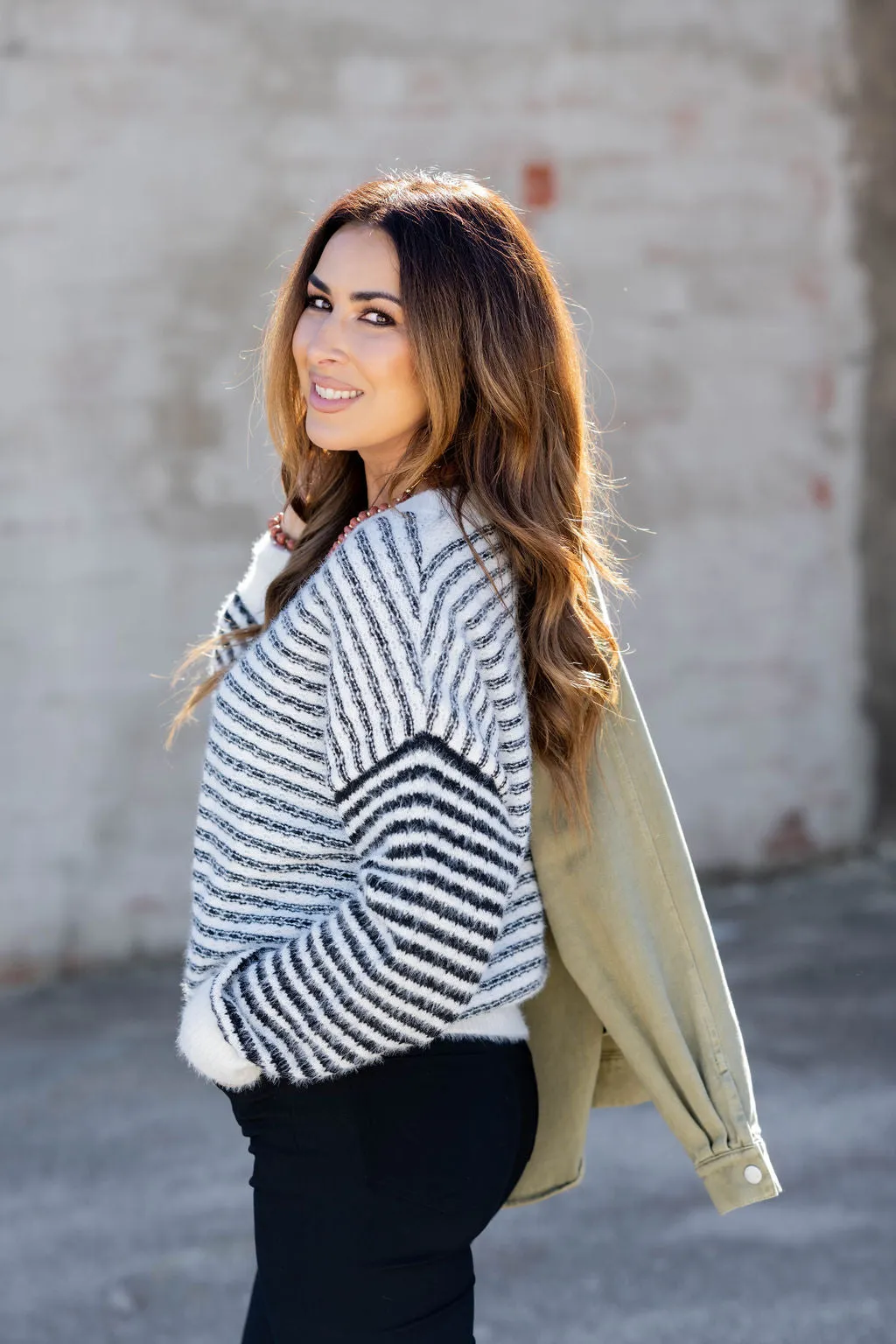 Mixed Stripes Solid Trim Sweater