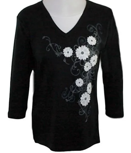 Morning Sun - Baroque Daisies, 3/4 Sleeve Rhinestone Accented Top