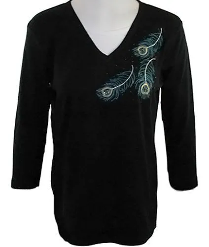 Morning Sun - Peacock Plumes, 3/4 Sleeve, V-Neck Rhinestone Top