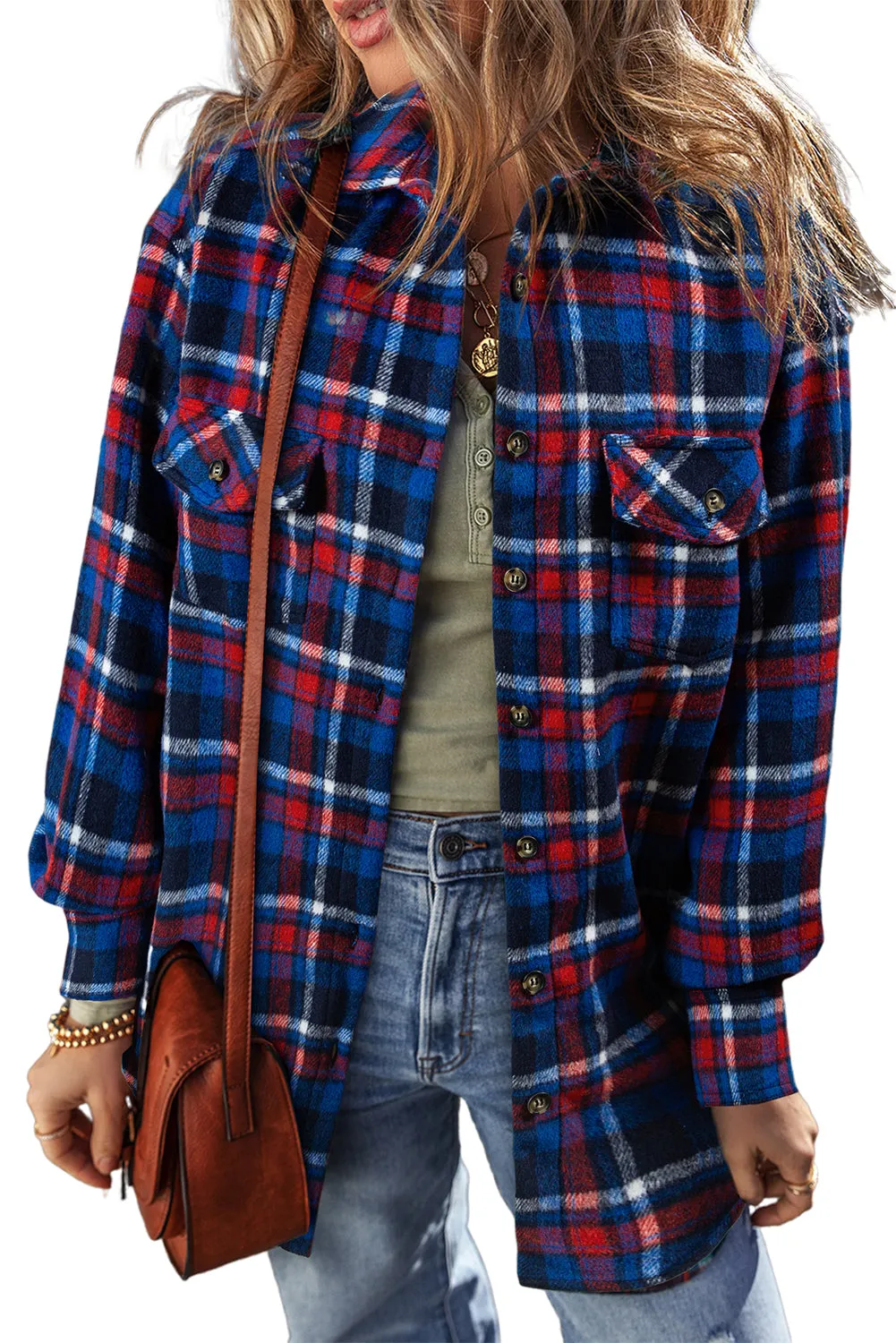 Navy Blue Plaid Flap Pocket Button Up Shacket