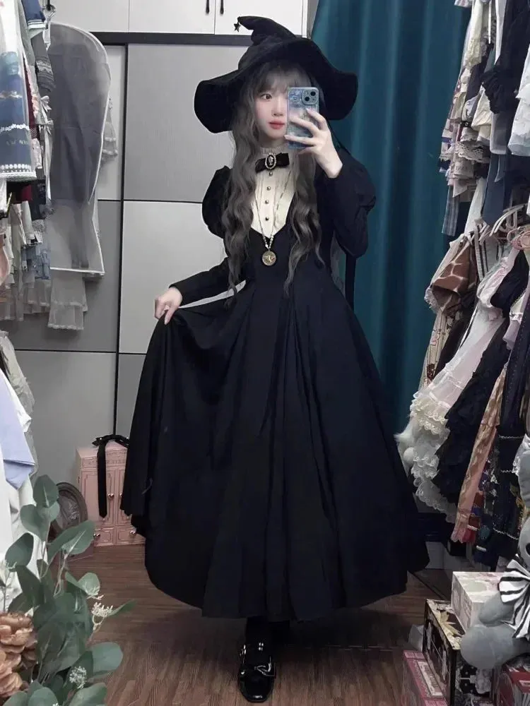 New Punk Lolita Sleeve Gothic Waist Autumn Long Vintage Harajuku Winter Bubble Dark Black Cinched Gown