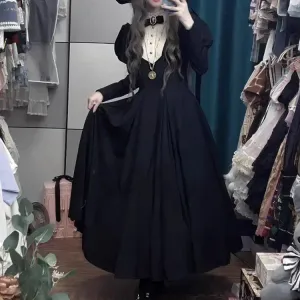 New Punk Lolita Sleeve Gothic Waist Autumn Long Vintage Harajuku Winter Bubble Dark Black Cinched Gown