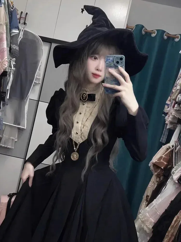 New Punk Lolita Sleeve Gothic Waist Autumn Long Vintage Harajuku Winter Bubble Dark Black Cinched Gown