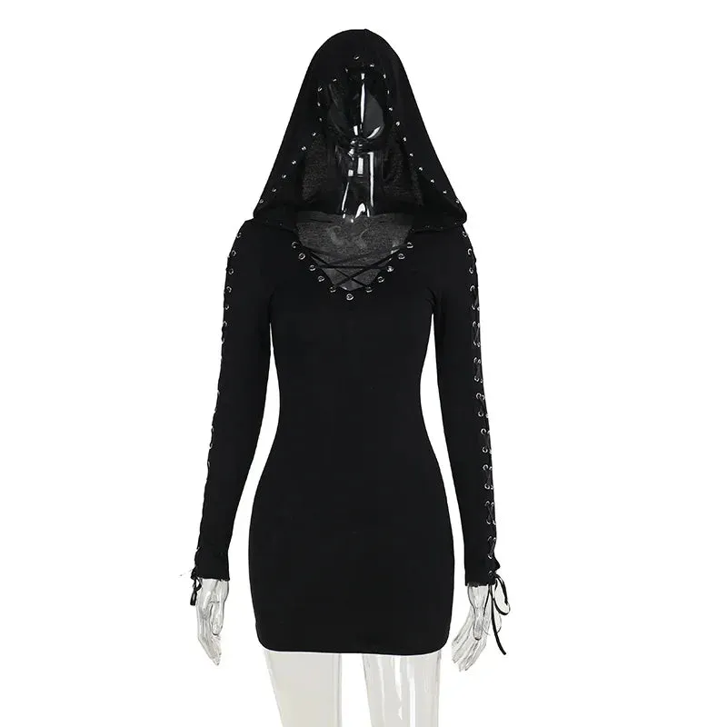 New Sexy Street High Vintage Waist Strap Dark Punk Mini Gothic Retro Pentagram Hooded Long Sleeve Outfit