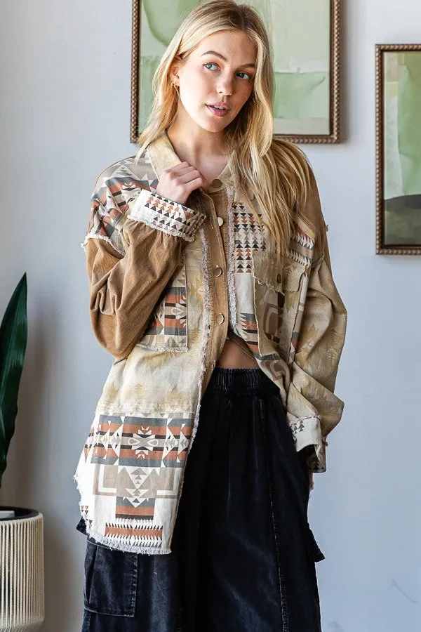 Oli & Hali Mixed Aztec Print Shacket in Mocha