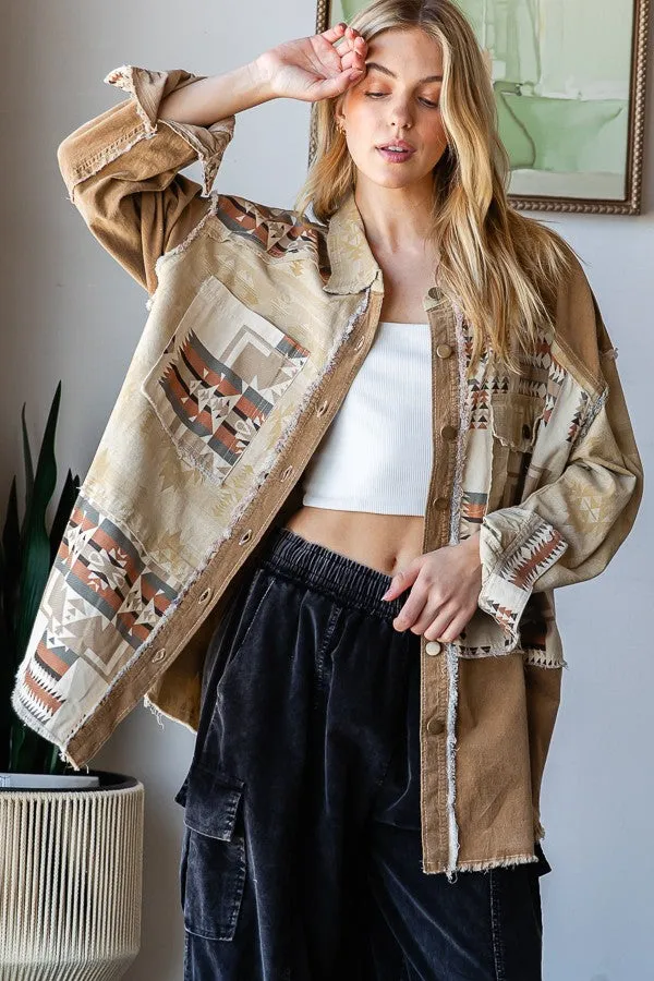 Oli & Hali Mixed Aztec Print Shacket in Mocha