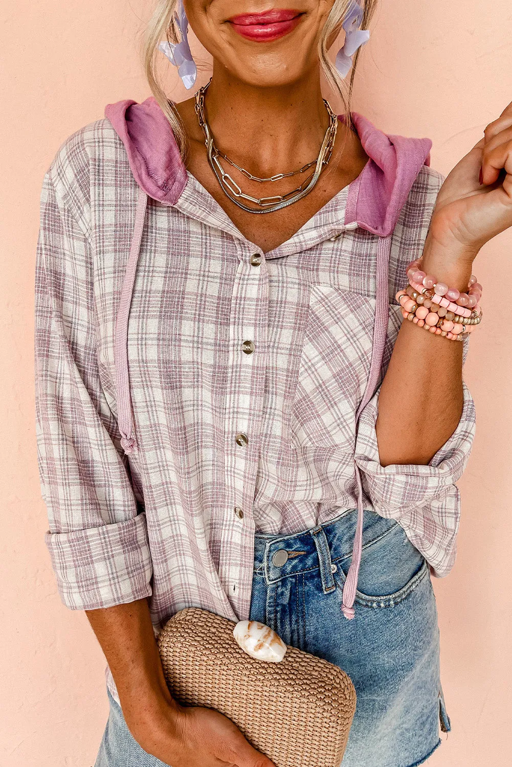 Pink Checkered Print Hooded Patchwork Loose Fit Shacket