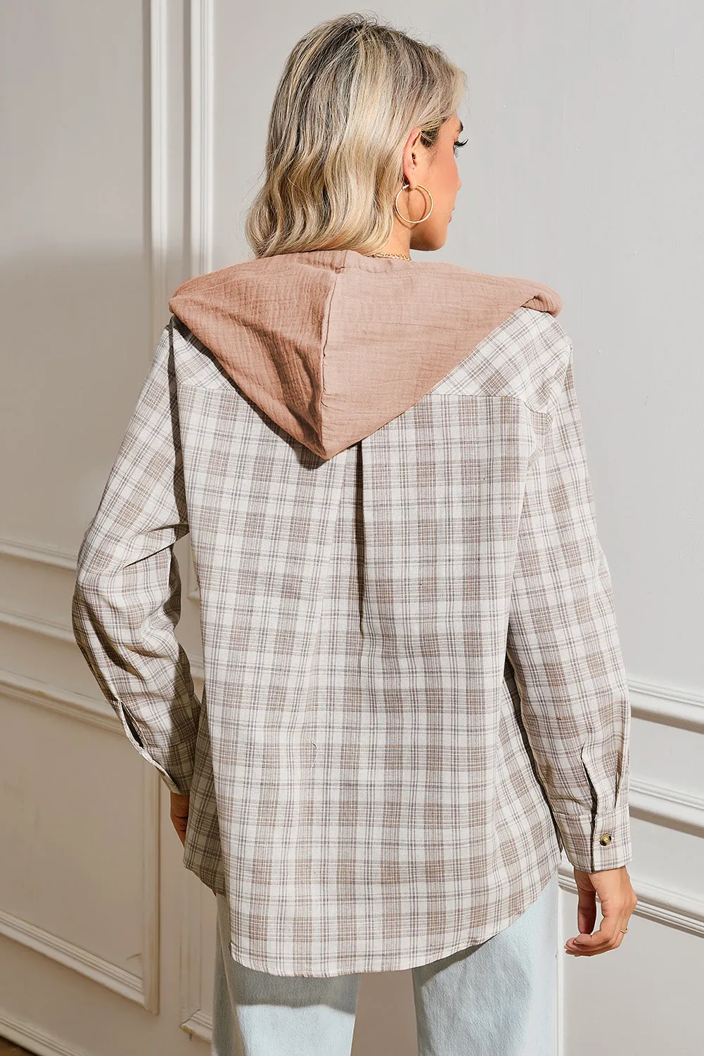 Pink Checkered Print Hooded Patchwork Loose Fit Shacket