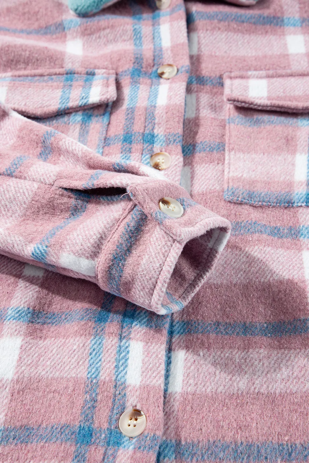 Pink Plaid Print Colour Block Collared Flap Pockets Loose Shacket