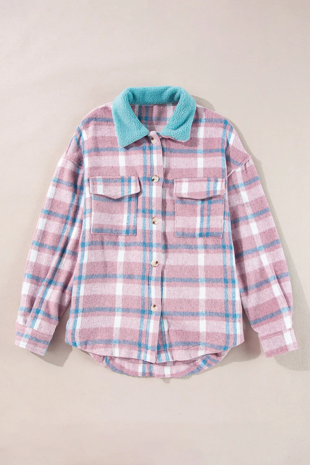 Pink Plaid Print Colour Block Collared Flap Pockets Loose Shacket