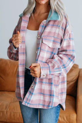 Pink Plaid Print Colour Block Collared Flap Pockets Loose Shacket