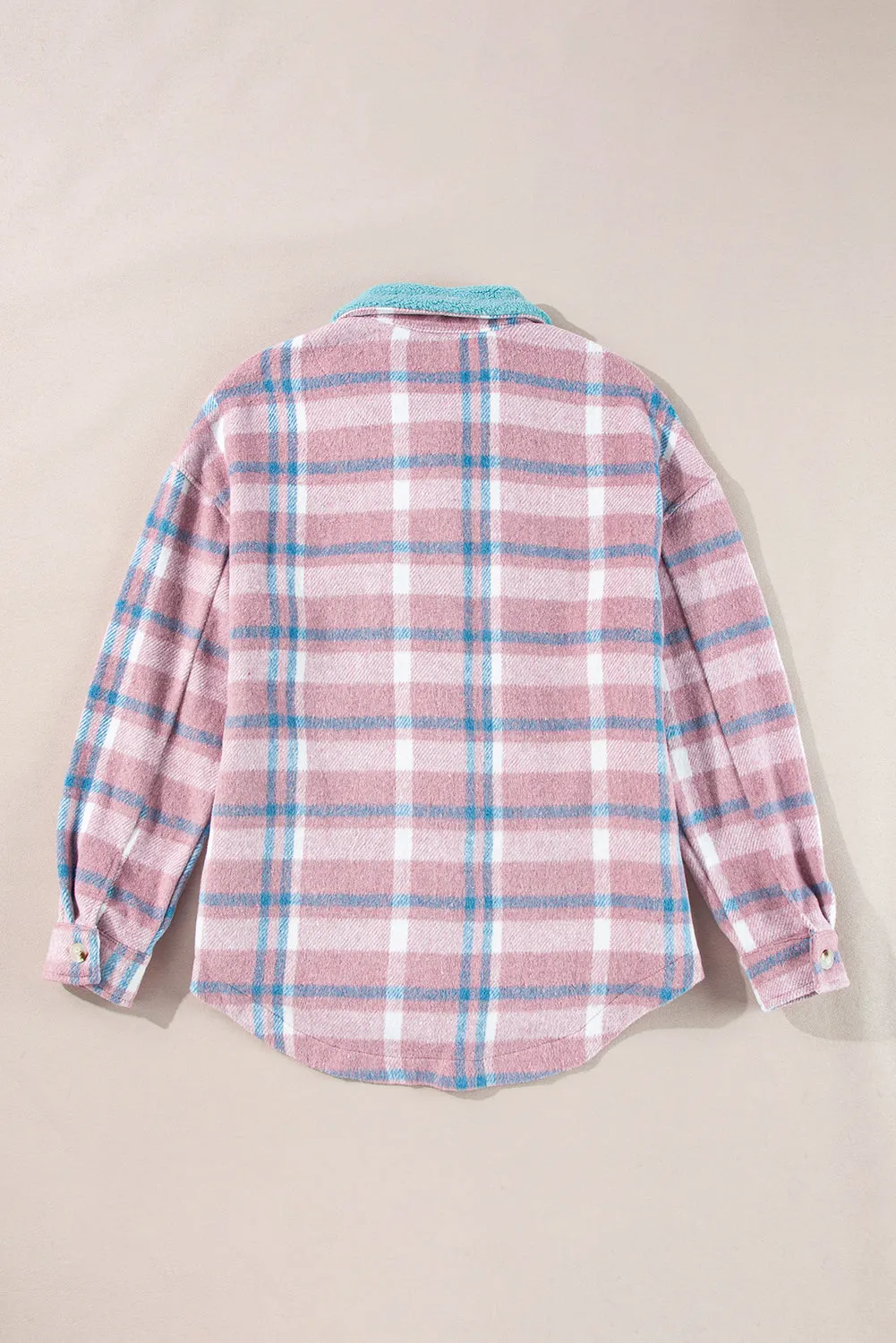 Pink Plaid Print Colour Block Collared Flap Pockets Loose Shacket