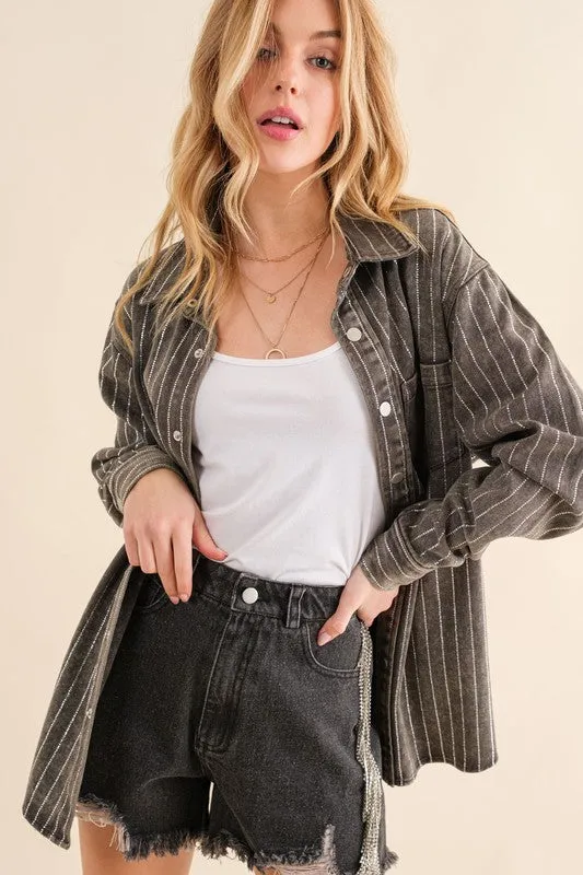 Pinstripes and Rhinestones Denim Shacket