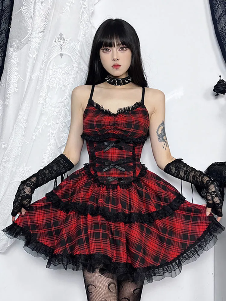 Plaid Party Gown Emo Punk Up A-Line Backless Lace Mall Mini Black Goth Grunge Gown