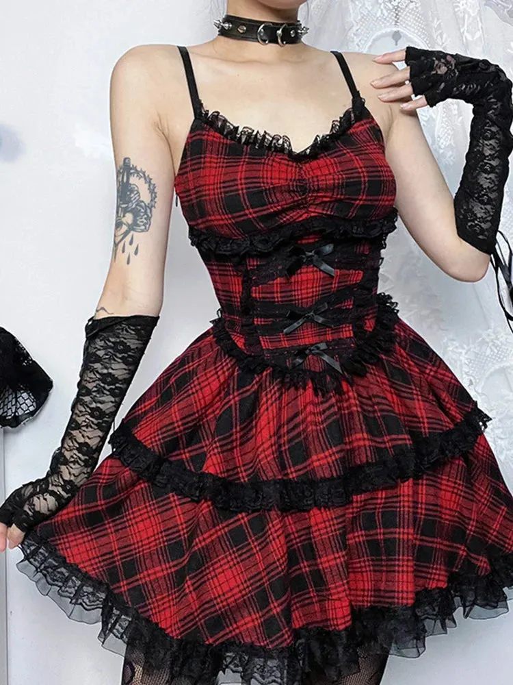 Plaid Party Gown Emo Punk Up A-Line Backless Lace Mall Mini Black Goth Grunge Gown