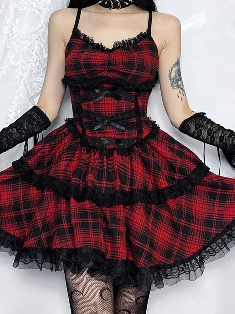 Plaid Party Gown Emo Punk Up A-Line Backless Lace Mall Mini Black Goth Grunge Gown