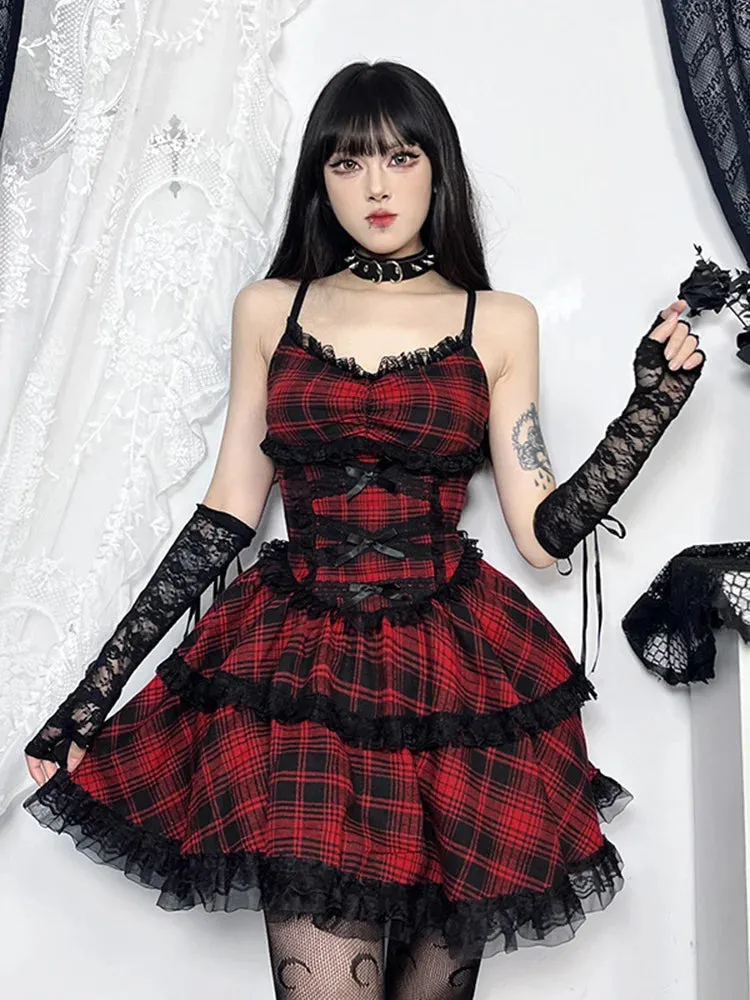 Plaid Party Gown Emo Punk Up A-Line Backless Lace Mall Mini Black Goth Grunge Gown