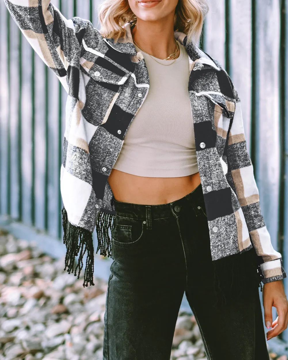 Plaid Pocket Fringed Hem Jacket