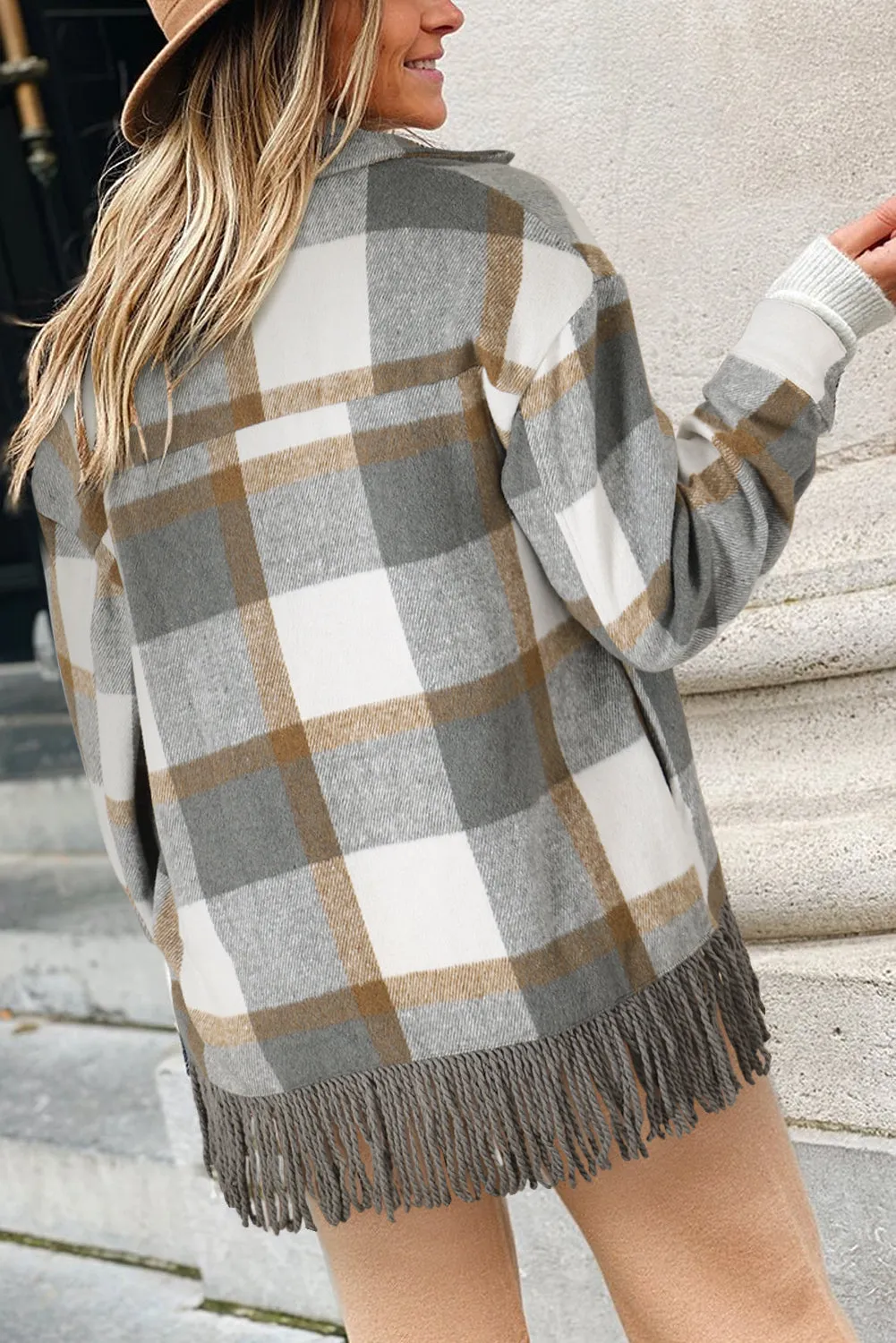 Plaid Pocket Fringed Hem Jacket