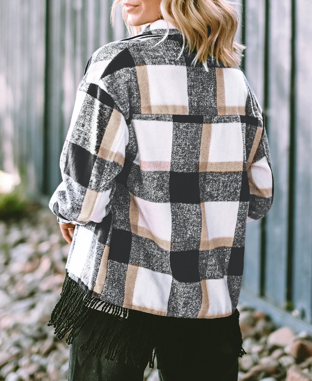 Plaid Pocket Fringed Hem Jacket