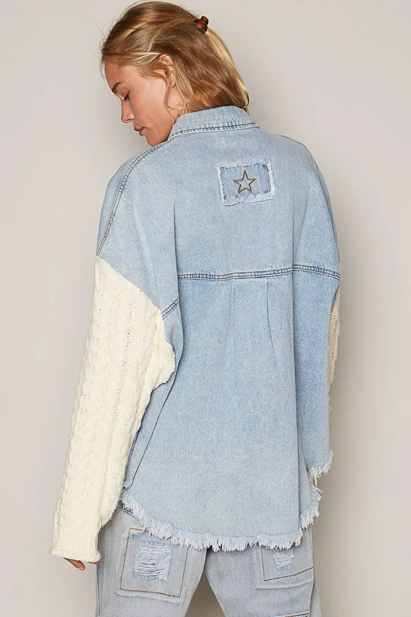 POL Contrasting Sweater Sleeves Shacket in Denim/Ivory