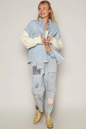 POL Contrasting Sweater Sleeves Shacket in Denim/Ivory