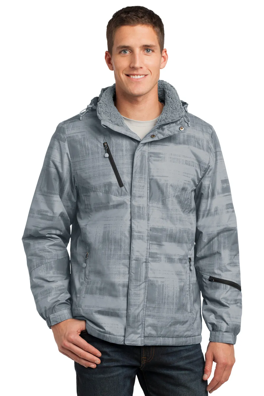 Port Authority Mens Brushstroke Wind & Water Resistant Full Zip Hooded Jacket - Grey - Closeout