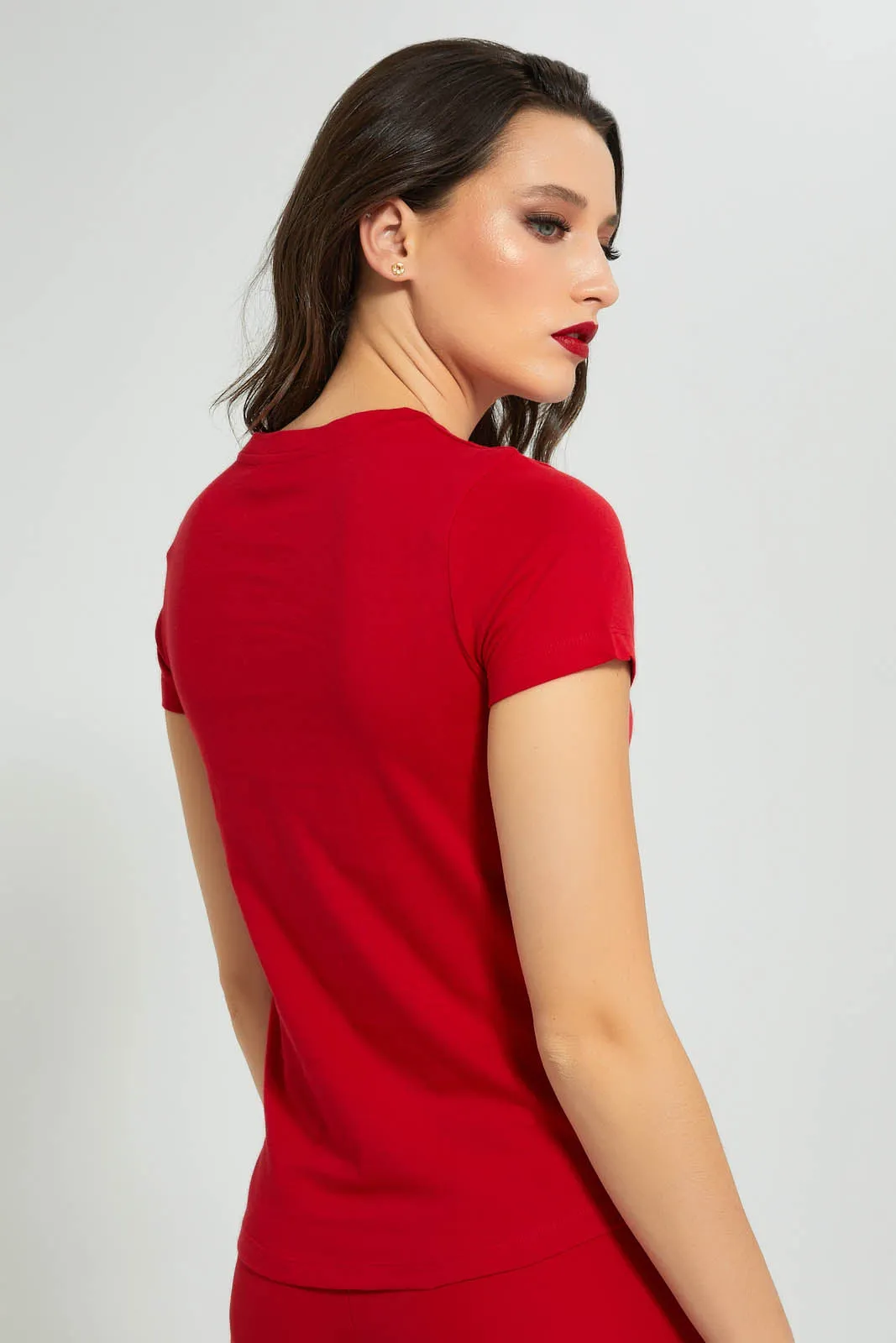 Red Embossed T-Shirt With Shiny Print