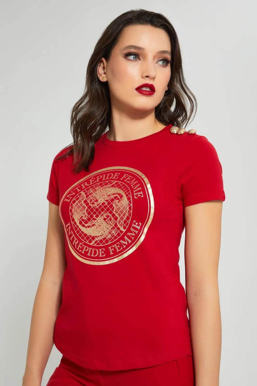 Red Embossed T-Shirt With Shiny Print