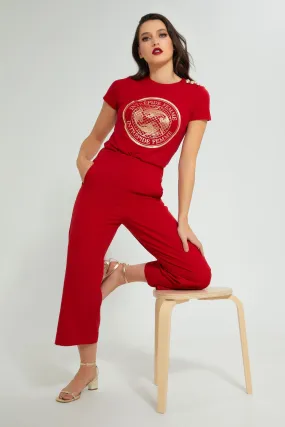 Red Embossed T-Shirt With Shiny Print