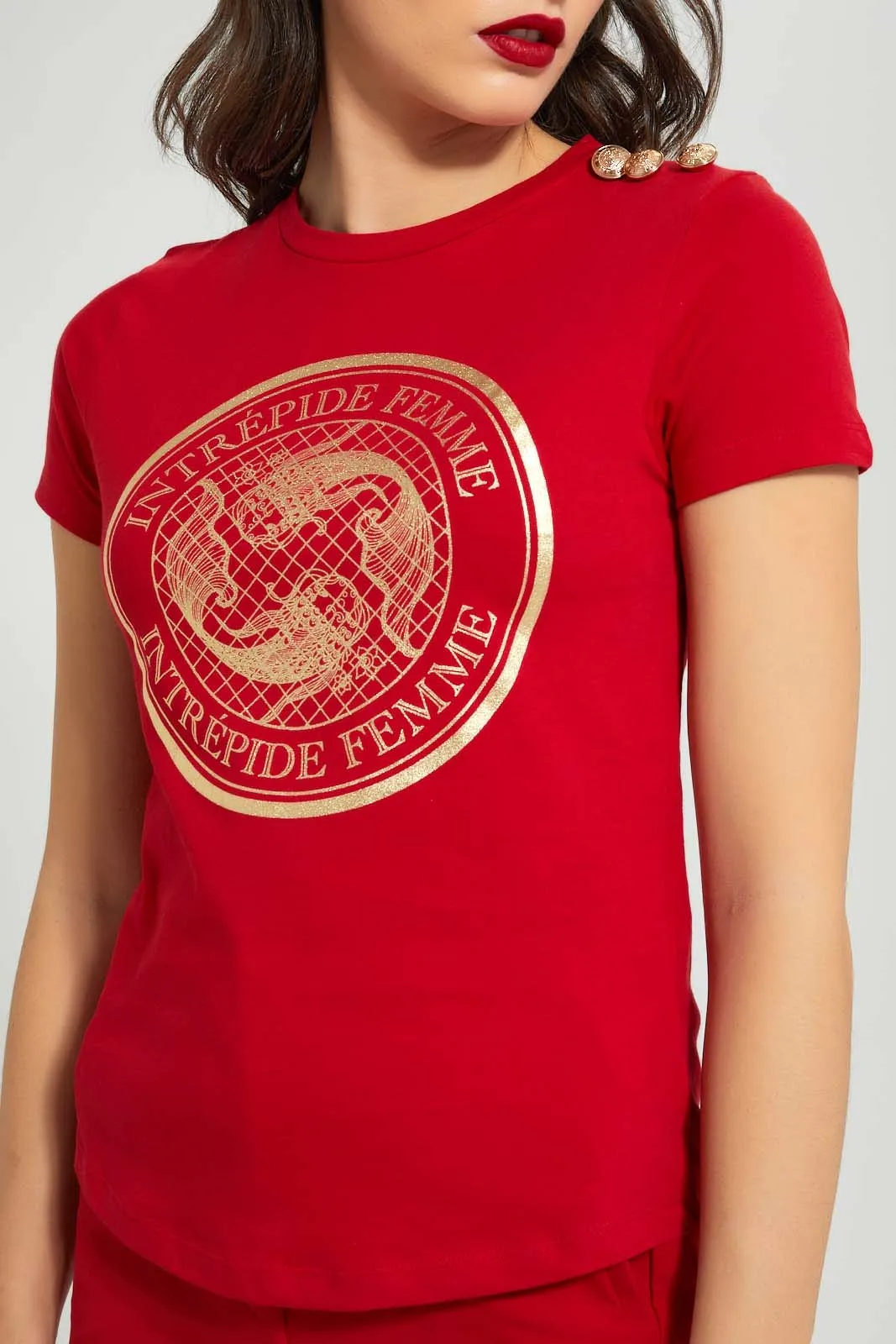 Red Embossed T-Shirt With Shiny Print