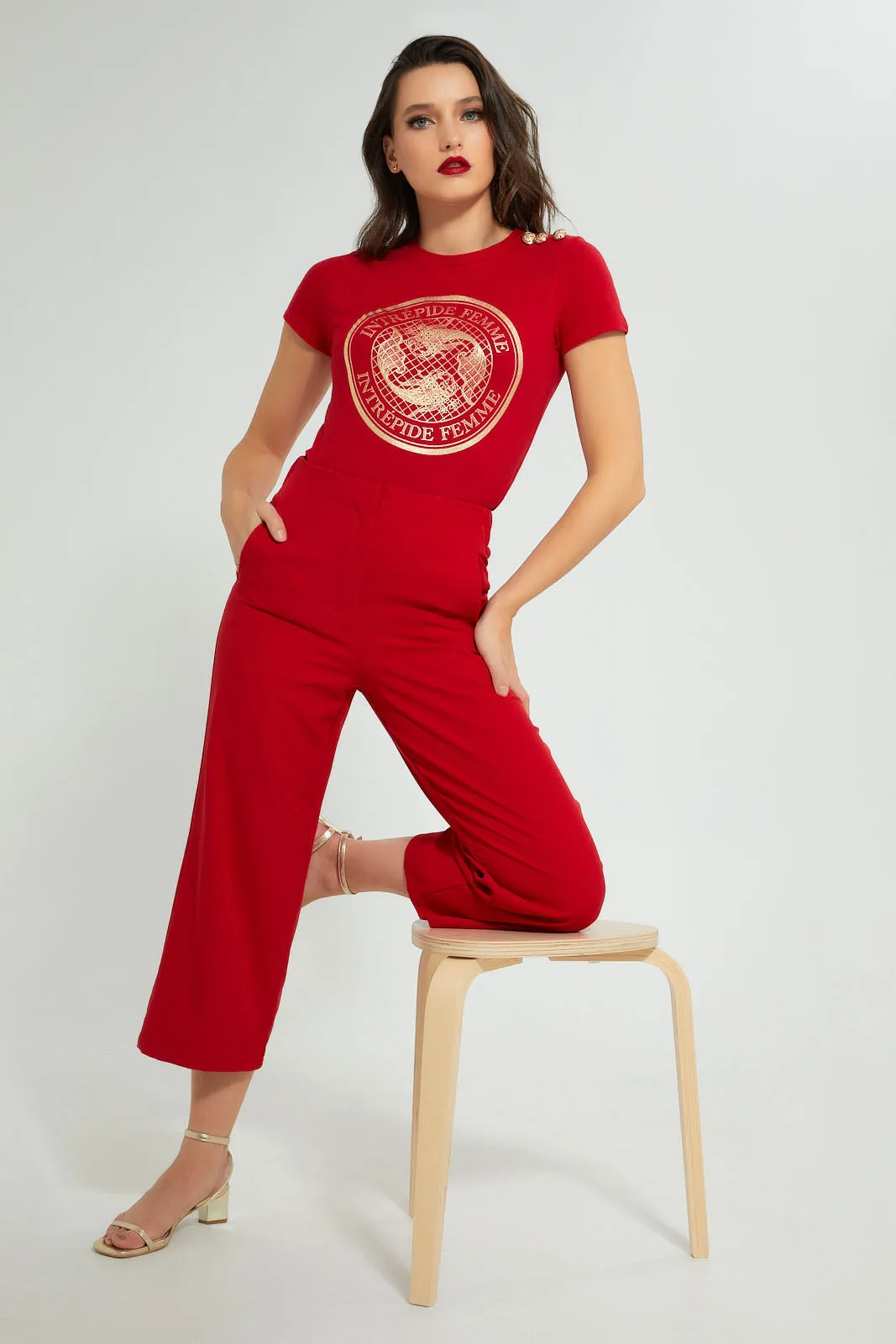 Red Embossed T-Shirt With Shiny Print