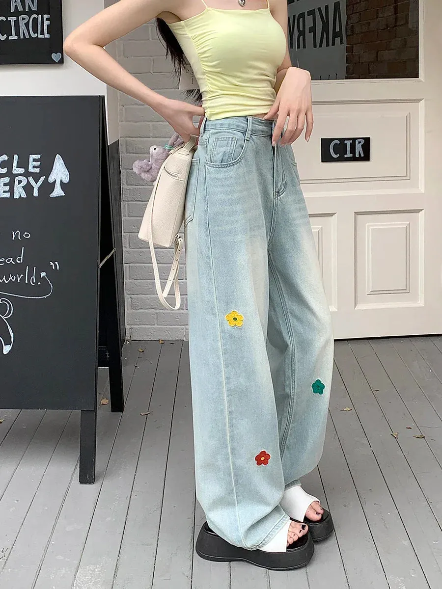 Retro High Waist Loose Wide-leg Jeans with Embroidered Flowers