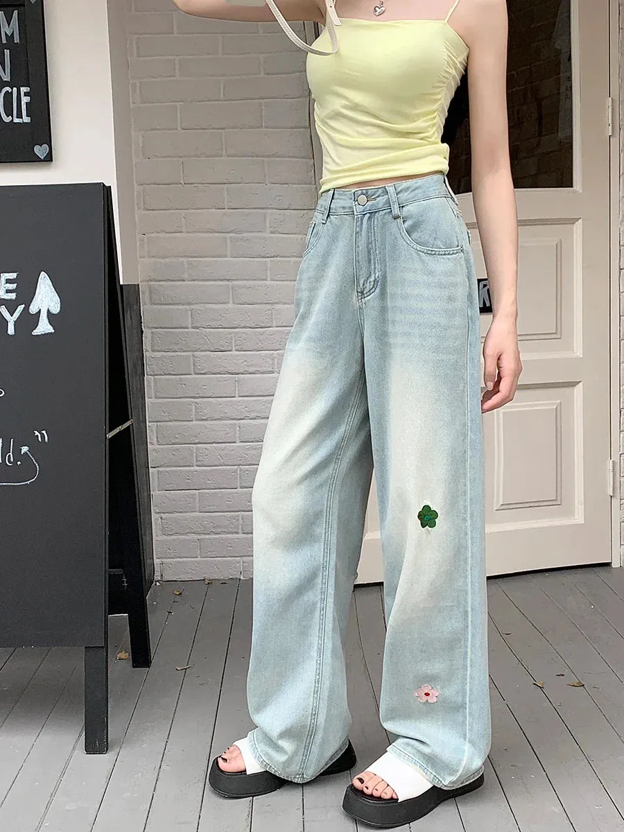 Retro High Waist Loose Wide-leg Jeans with Embroidered Flowers