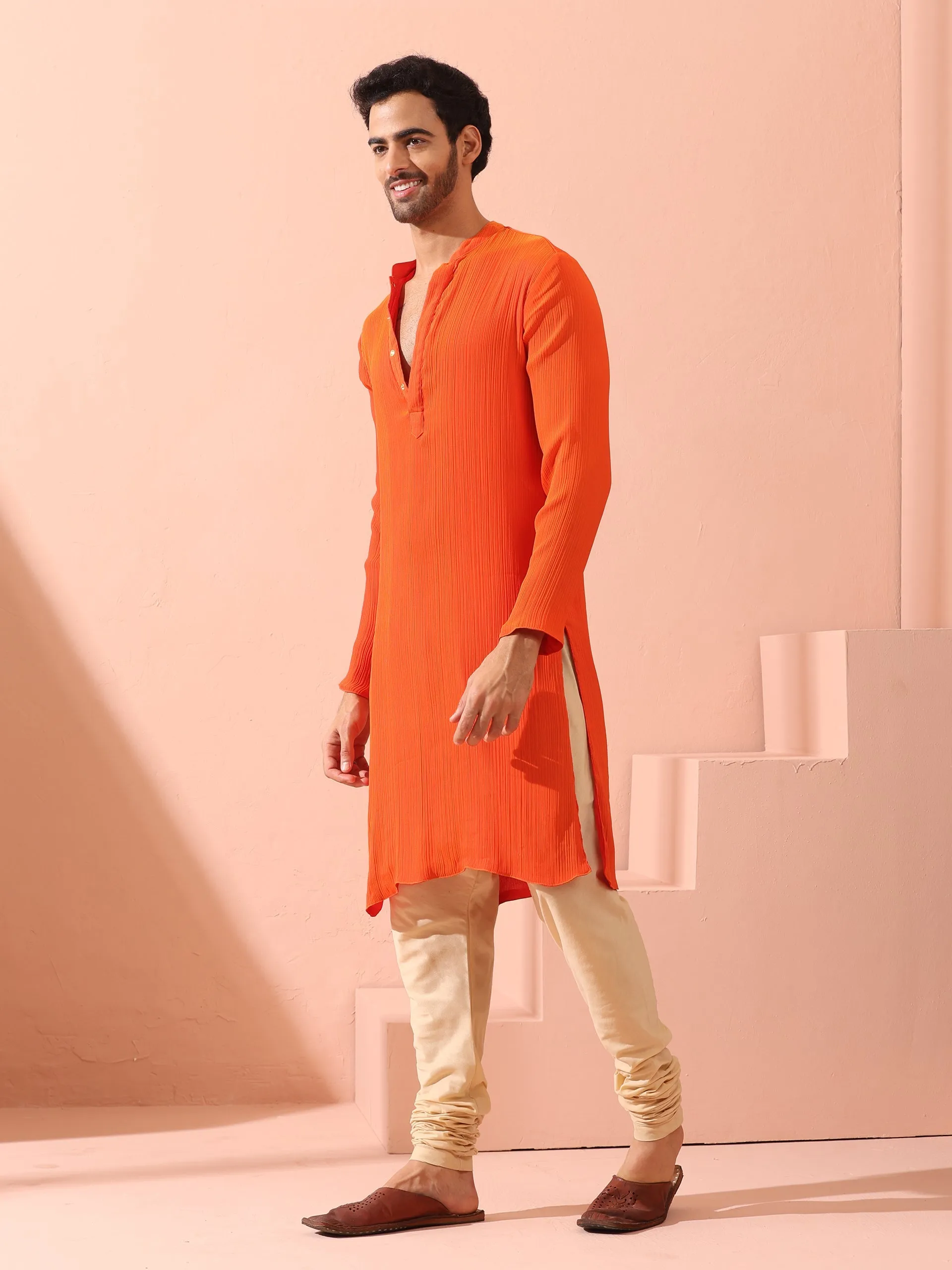 Reversible Fire and Cool Orange Red Chiffon Kurta With Snaps