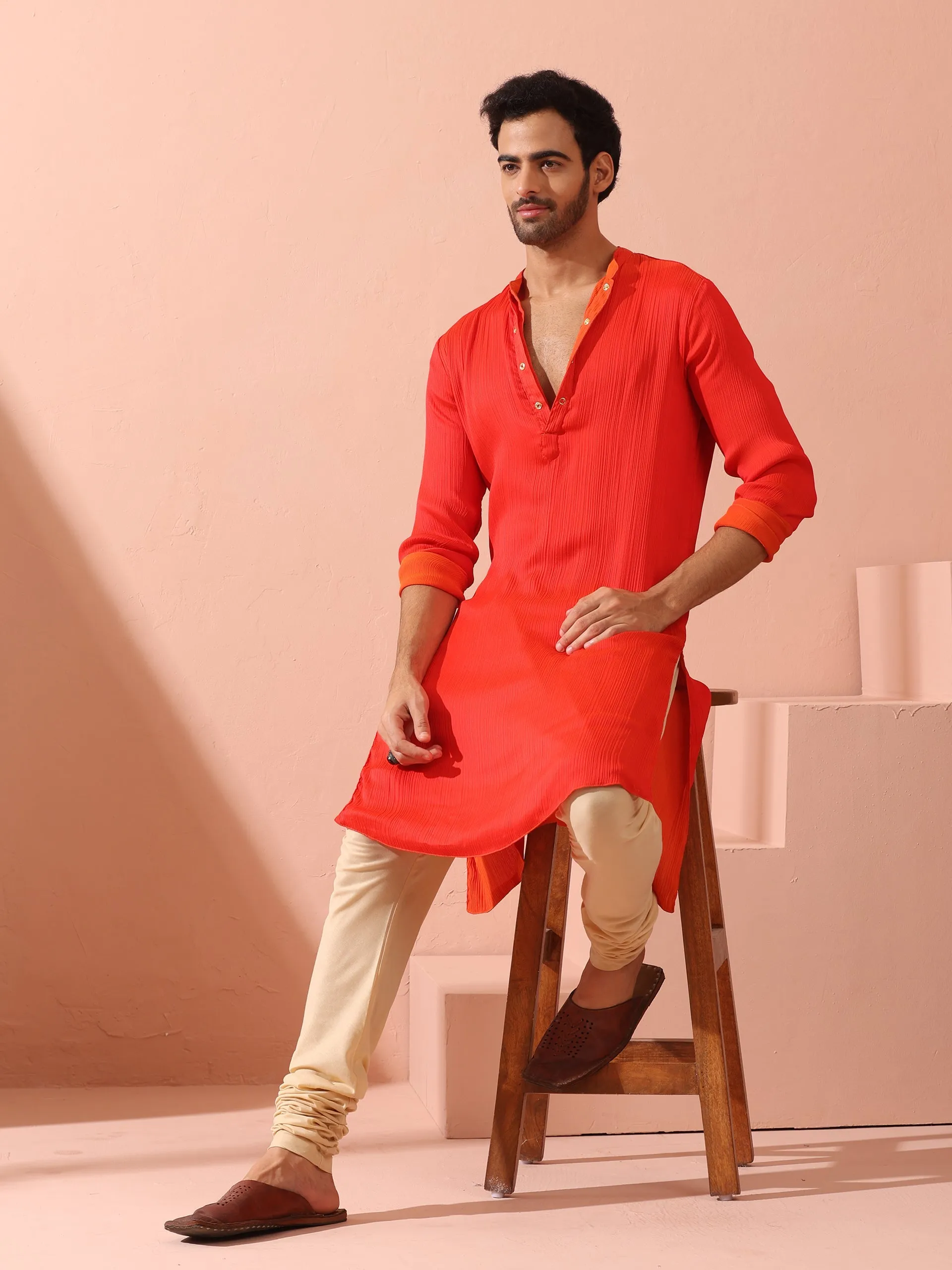 Reversible Fire and Cool Orange Red Chiffon Kurta With Snaps