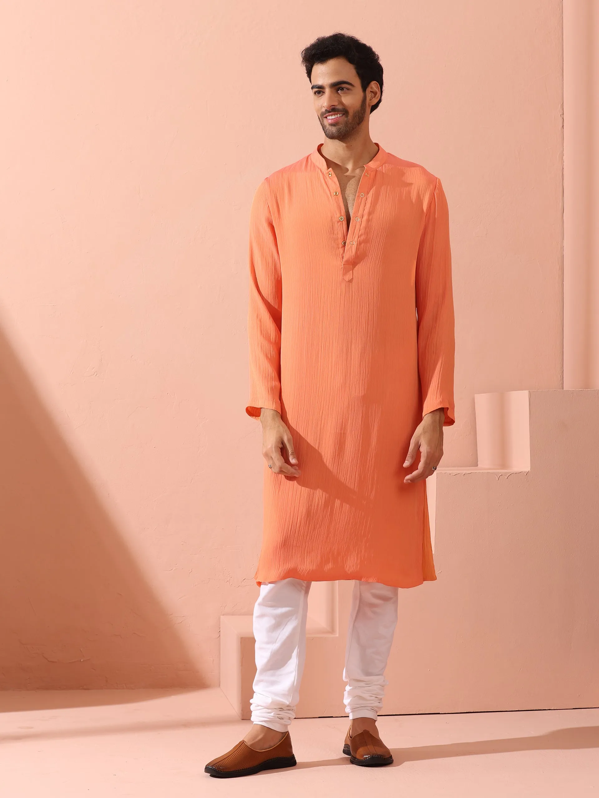 Reversible Peach & Orange Chiffon Kurta with Snaps