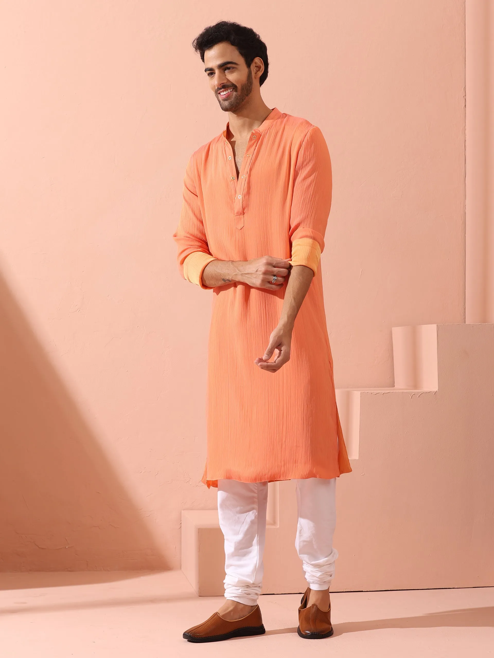 Reversible Peach & Orange Chiffon Kurta with Snaps